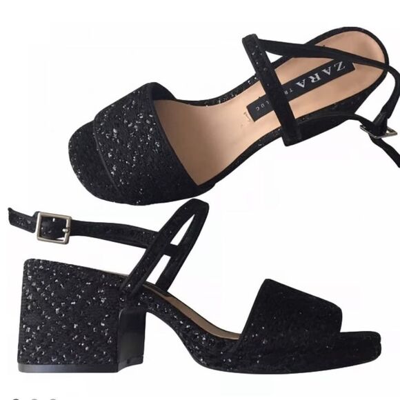 Zara Black Sparkle Block Heel Size 40 - Picture 1 of 8